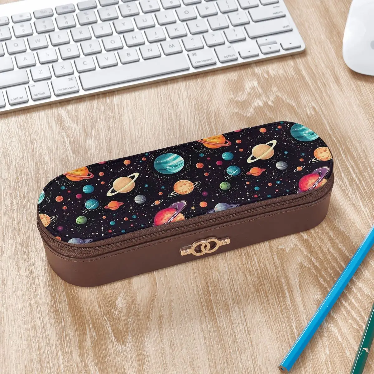 Solar System Space Planets Universe Leather Pencil Cases Pencil Pouch Storage Stationery Supplies Pen Box Pencil