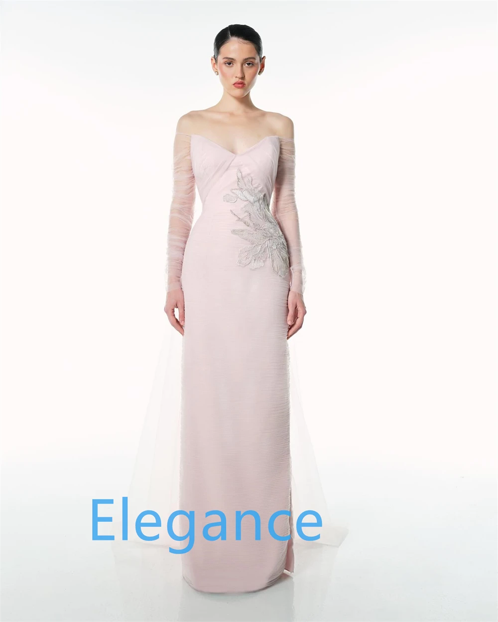 ชุดราตรีสีชมพูเรียบง่ายแบบสั่งตัด แขนยาว ดีไซน์หรูหรา ชุดงานเลี้ยง ชุดออกงาน  กระโปรงยาวลากพื้น  ชุดสำหรับโอกาสพิเศษ