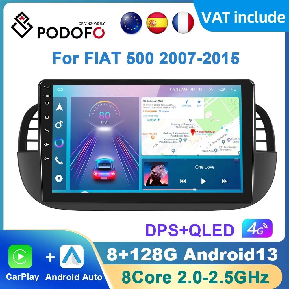 Podofo AI Voice Android Carplay Car Radio For FIAT 500 2007-2015 2din Android Auto Multimedia Navigation GPS autoradio DSP