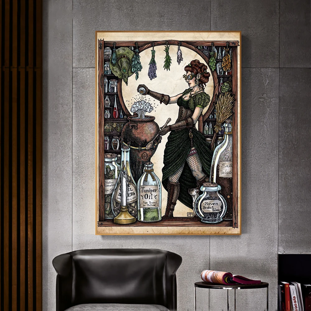 Industrial Witch Making Potion Painting Canvas Print Fantastic Wall Art Poster Funny Picture for Living Room Home Decor Cuadros