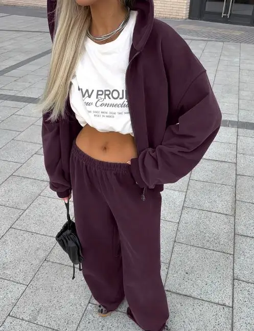 Modischer Freizeitanzug für Damen im Herbst 2025, vielseitiges und trendiges Kapuzen-Sweatshirt, Strickjacke, lange Hose, zweiteiliges Set