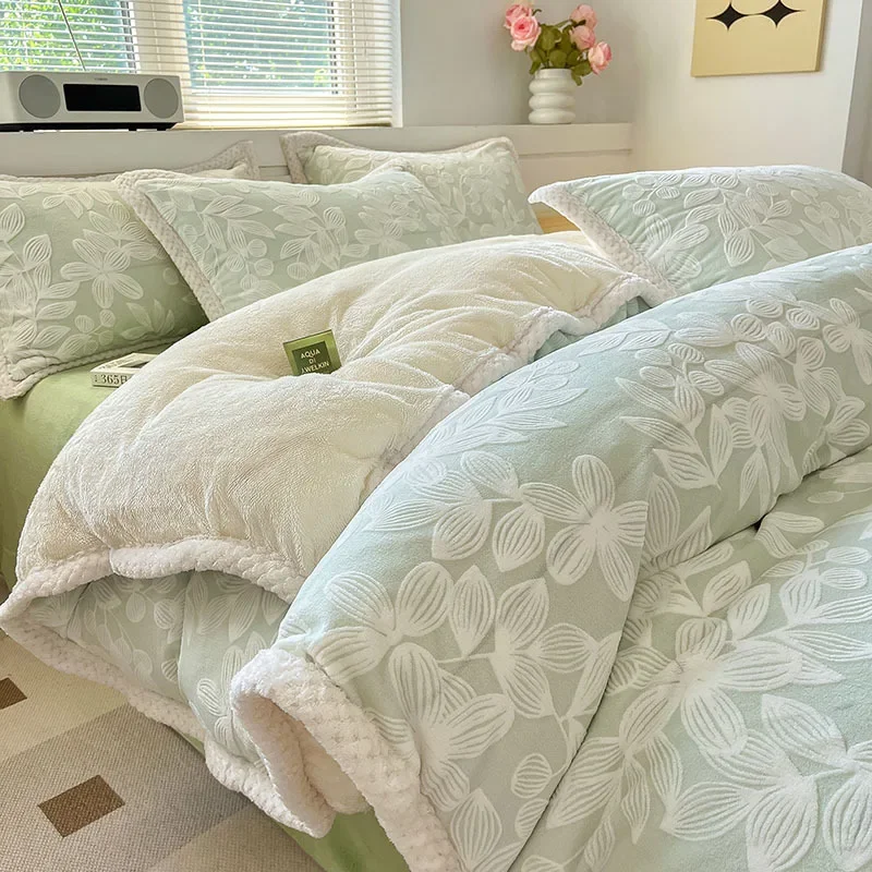 Exquisite Jacquard Anti Rabbit Velvet Bed Sheet Thicken Flannel Double-sided Duvet Cover Widen Side Warm Non Slip Fitted Sheet