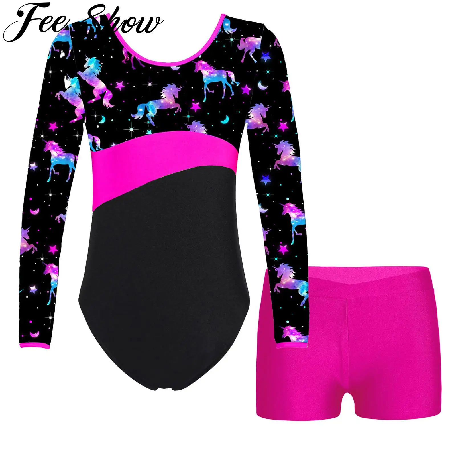 

Kids Girls Ballet Dance Competition Sports Gymnastics Sets Children Long Sleeve Printed Leotard with V-front Waistband Shorts