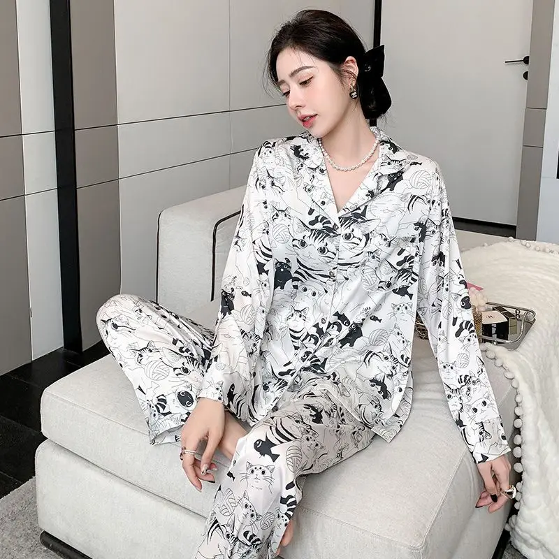 

Ice Silk Satin Surface Pajamas Spring Autumn Women Long Sleeve Luxury Cardigan Homewear Suit High-Grade Thin Casual Nightclothes