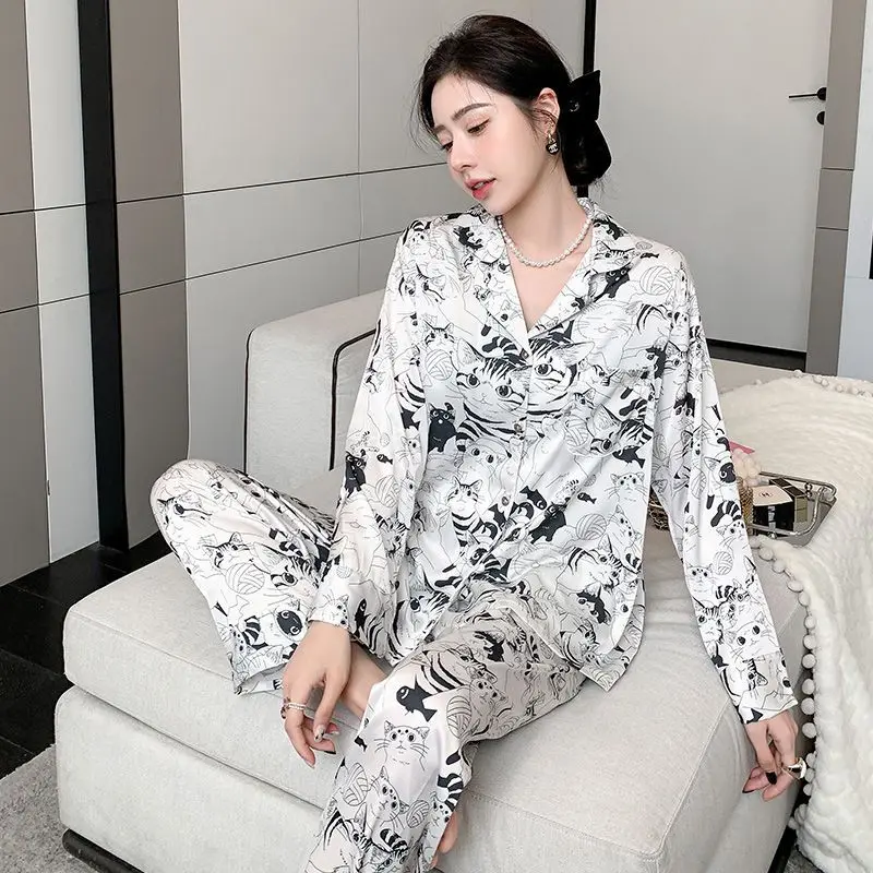 Ice Silk Satin Surface Pajamas Spring Autumn Women Long Sleeve Luxury Cardigan Homewear Suit High-Grade Thin Casual Nightclothes