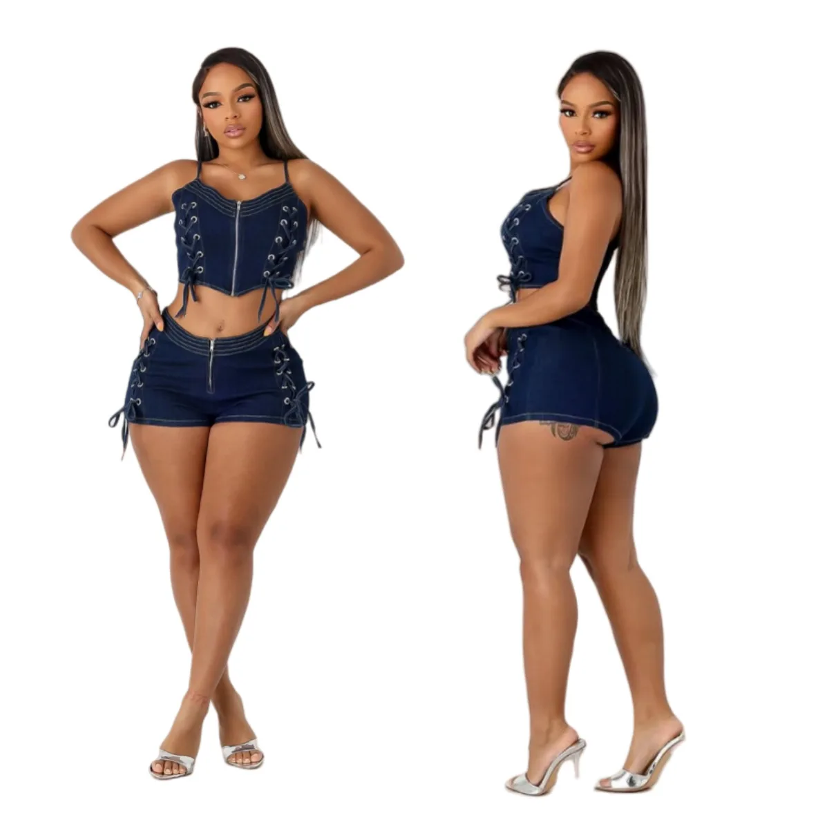

Women Shorts Sets Summer Sexy Sleeveless Backless Elastic Denim Halter Top And Jeans Shorts Casual 2 Piece Set Women Denim Suit