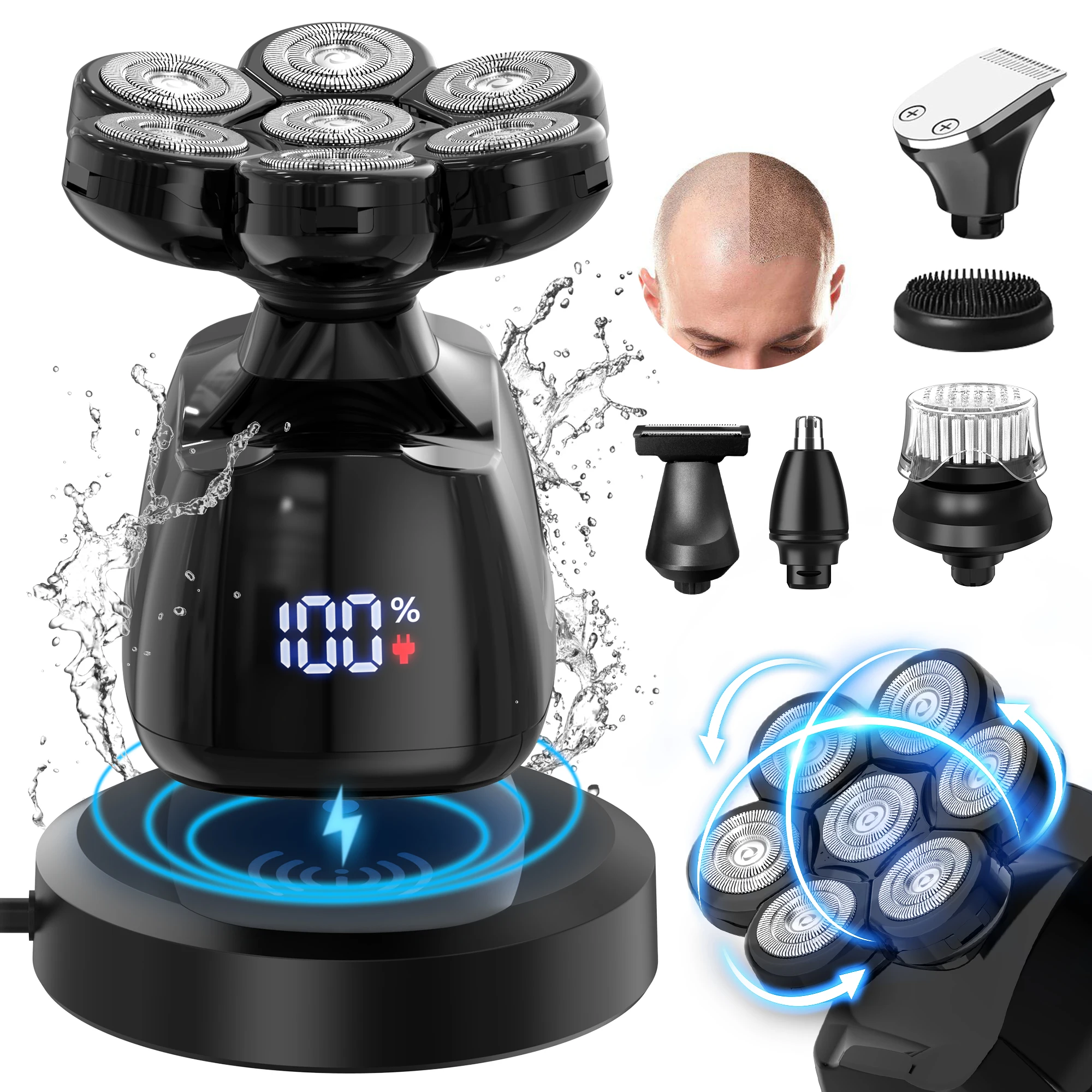 Barbeador de Cabeça Elétrica para Homens Carecas 7D Cabeça Flutuante Aparador de Pêlos Recarregável 6 Em 1 Impermeável Wet Dry Beard Razor