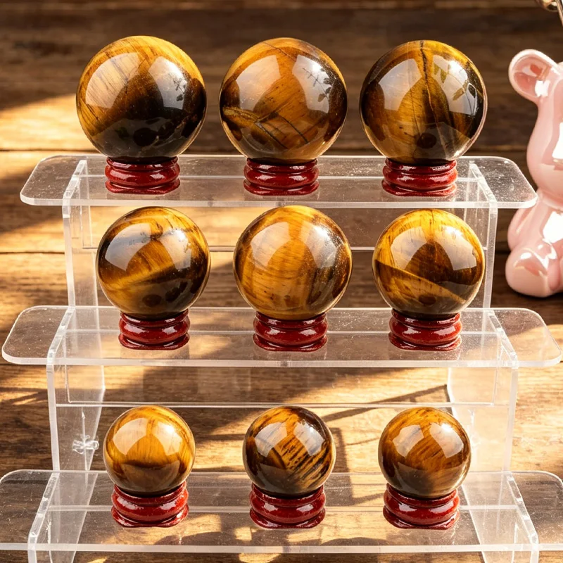 1PC Natural Tigers Eye Crystal Ball with Wooden Base Reiki Healing Stone Sphere Home Decor Ornament view 2