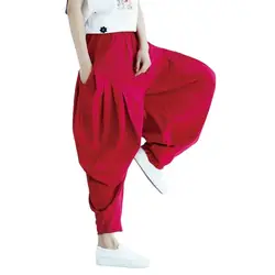 Women Cotton Linen Elastic Waist Drop-Crotch Baggy Pure Long Lantern Trousers Patchwork Wide Leg Pants Party Pantalon Red