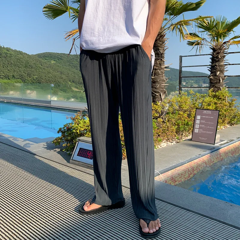 Ice silk pleated trousers men's elastic waist mopping wide-leg trousers summer thin men's trousers