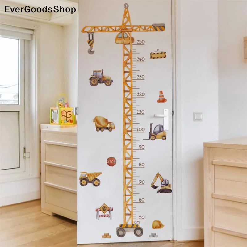 New Cartoon Crane Construction Height Chart Wall Sticker Kids Growth Measurement Decal Removable Self-Adhesive Vinyl