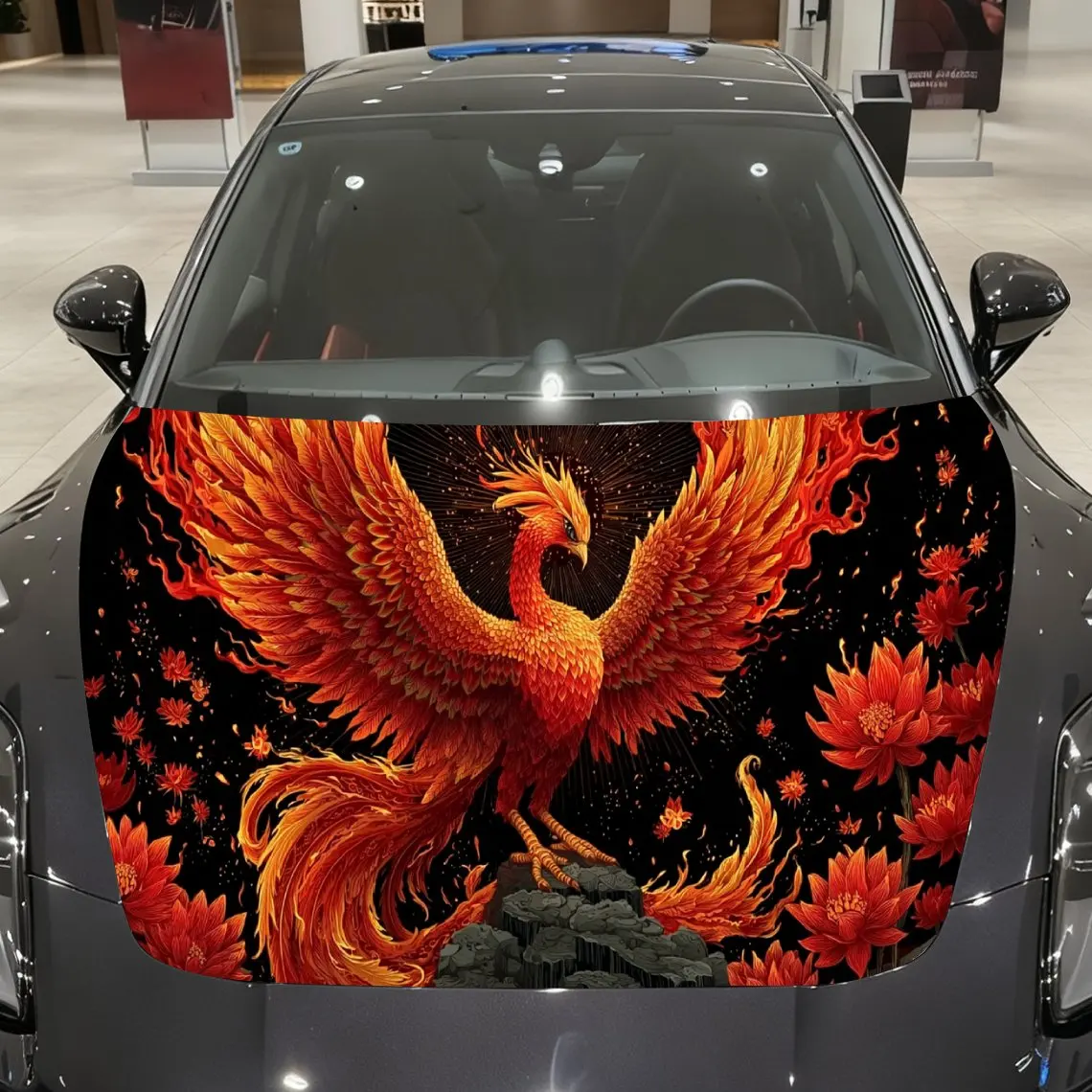 

Scarlet Phoenix Dances Among Lotus Flames Car Vinyl Wrap, PVC Material Waterproof Car Hood Sticker, Self-Adhesive Scratch-Resist