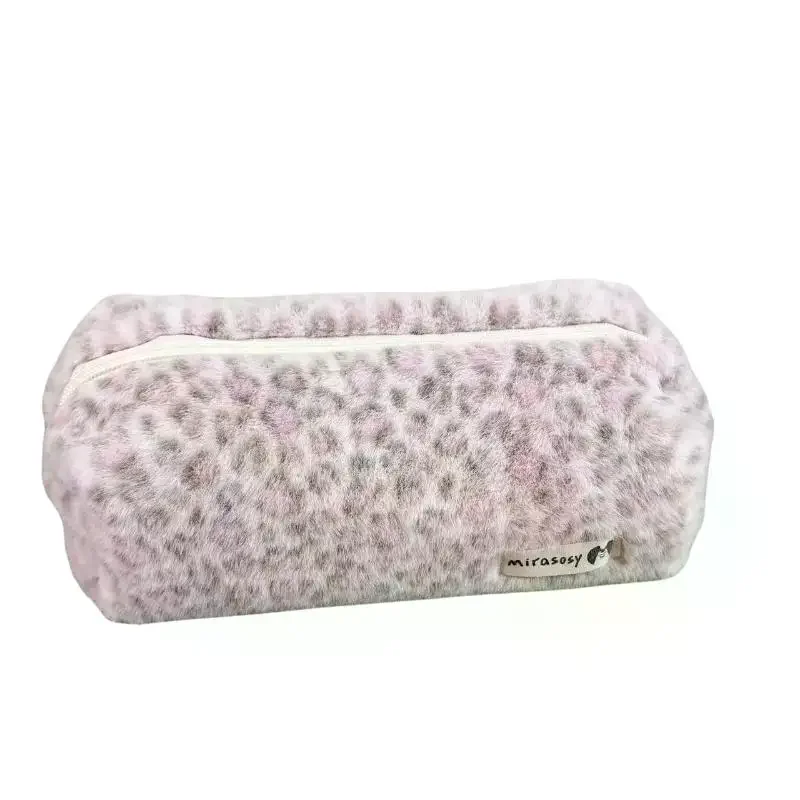 Leopard Print Pencil Case Fuzzy Plush Large Capacity Aesthetic Stationery Holder for Teen Girls School Supplies〔88〕