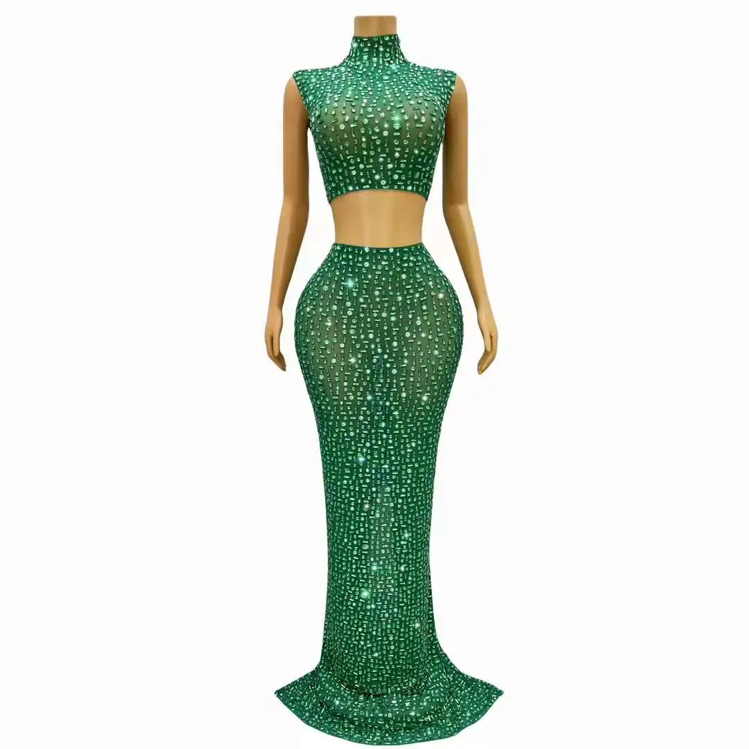 Sparkly Rhinestones Crop Top Long Skirt Two Pieces Set Women Sexy Transparent Celebrate Evening Prom Birthday Dress Photo Shoot