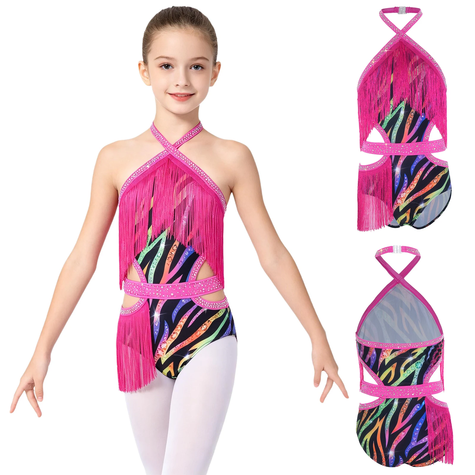 Kids Girls Halter Neck Cutout Rhinestones Tassels Latin Dance Bodysuit Skating Gymnastics Cha-cha Samba Rumba Leotard Dancewear