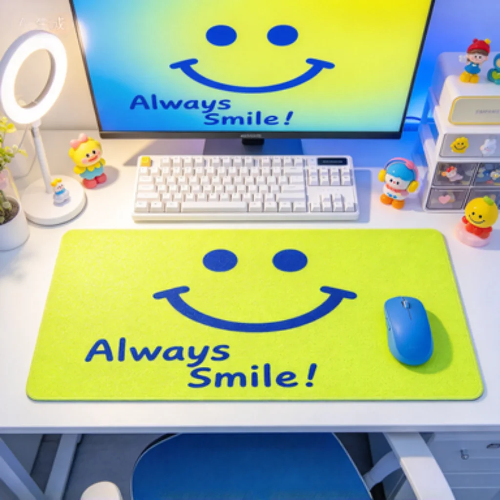 Pink Tulip Desk Mat, Neon Yellow Smile Mouse Pad, Pink White Plaid Heart PC Accessory, Black White Smile Keyboard Mat.