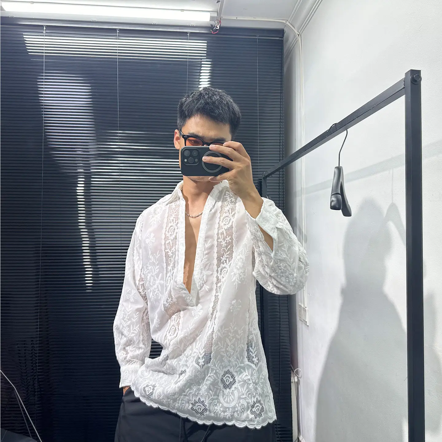 Design Hollow-out Collar Loose Pullover Long Sleeve Shirt Avant-Garde Ruan Shuai Idle Style Embroidered Men and Women