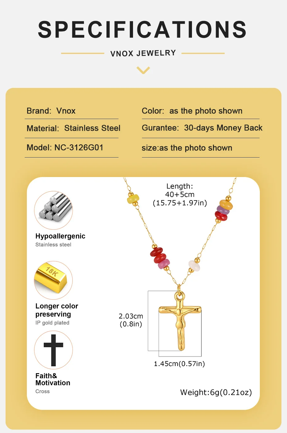 Vnox Trendige Vergoldete Jesus-Kreuz-Halskette mit Natursteinen in verschiedenen Farben für Frauen, Handgefertigte Perlenkette, Christlicher Gebetsschmuck – Detail 4