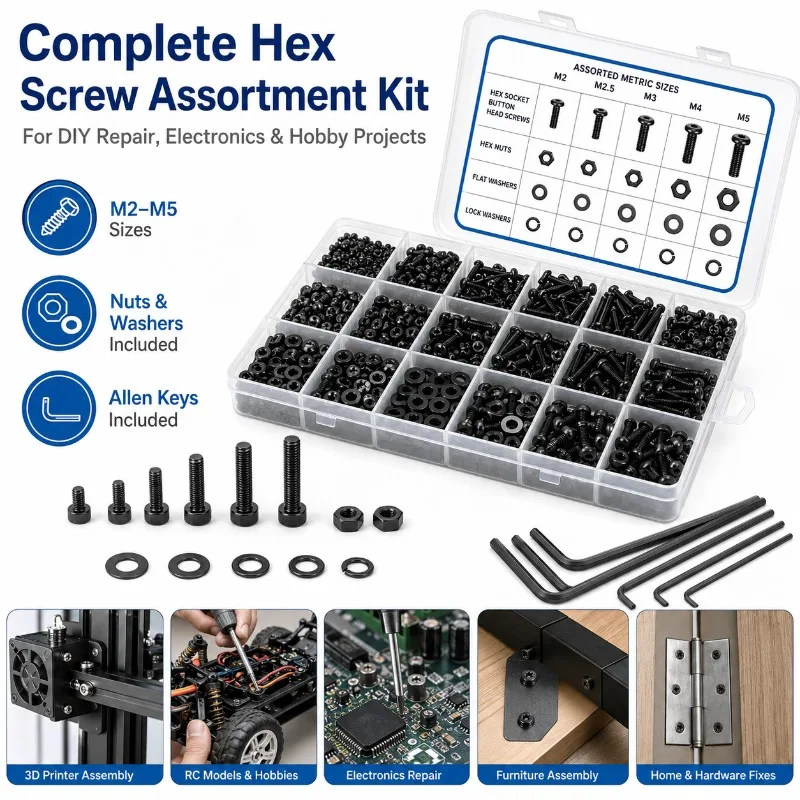 

1080-2020Pcs M2-M5 Black Hex Socket Screw Nut Washer Assortment Kit with Allen Keys for DIY Repair