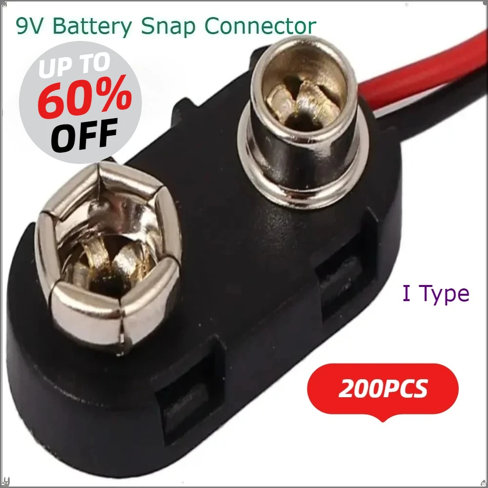 

200pc 9V Battery Snap Connector on Strap Clip 9 Volt I Type Hard Shell Buckle Holder 15cm Lead Wire Battery Snap Cable Connector