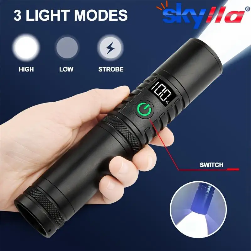 High Power Spotlight Long Range LED Flashlight With Power Type-C Charging Zoomable Aluminum Alloy Tactical Torch Outdoor Lantern