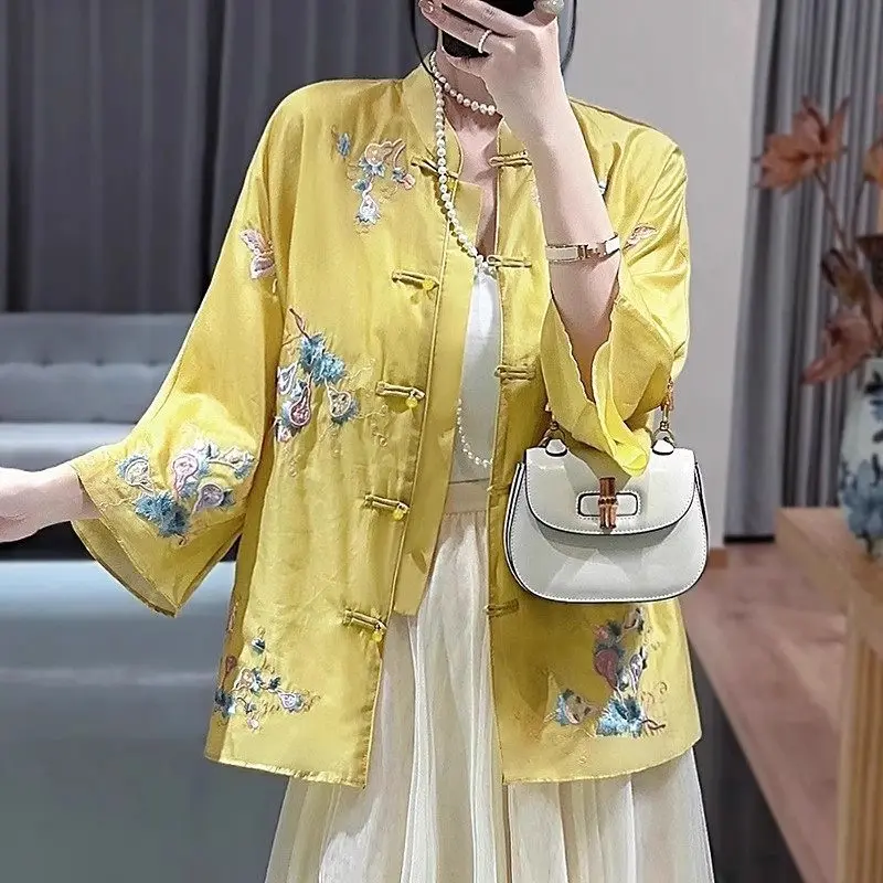 National Style Top Hanfu Improved Embroidery Tang Clothing Women's Summer Cardigan Thin Large Size Chinese Panbuckle Shirt Z1760