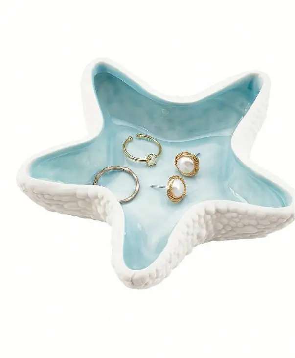 1Pc Starfish Shape Ceramic Jewelry Tray Ocean Theme Decorative Plate for Rings And Earrings Ring Earring Holder