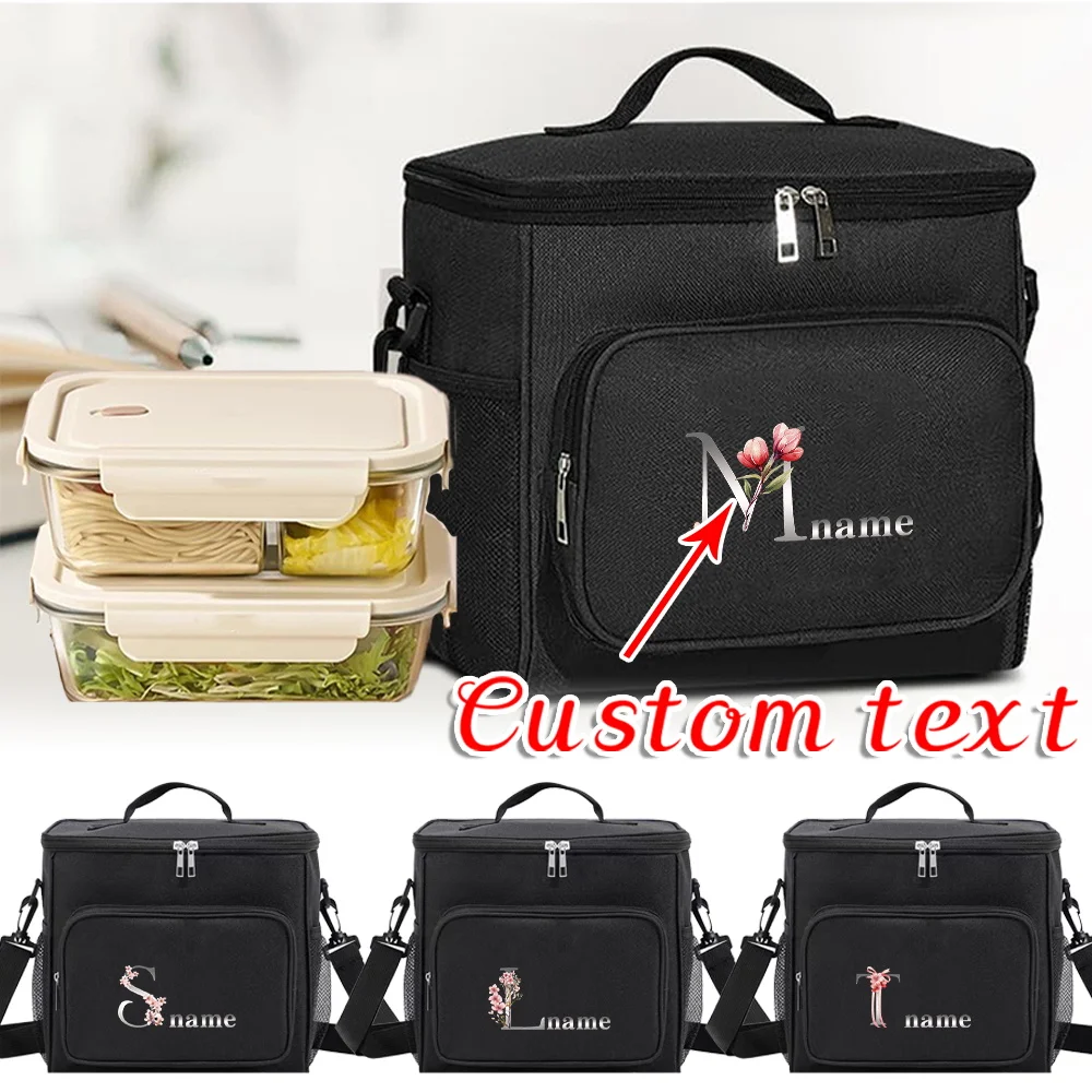 Customized Name Lunch Bag Insulated Handbag Waterproof Camping Storage Box Refrigerated Food Storage Box Silver Letter Pattern