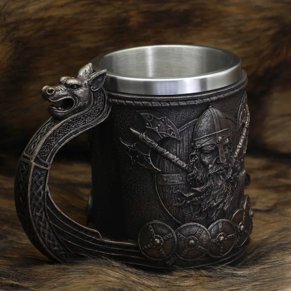 600ml Viking Wood Style Beer Mug Medieval Dragon Resin Stainless Steel Beer Mug  Retro Tankard Skull Coffee Cup Tea Mug Beer Cup