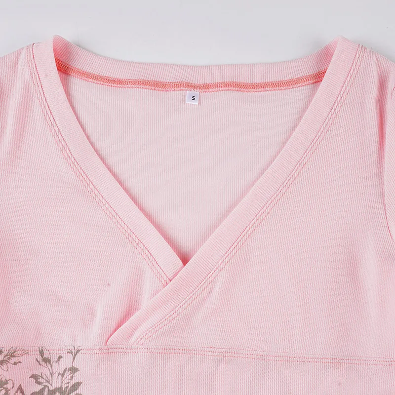 Roze Bloemenprint Vrouwen Fee Y2k T-shirt Coquette V-hals Lange Mouw Tees Herfst Lente Casual Truien Tops Vintage Kleding