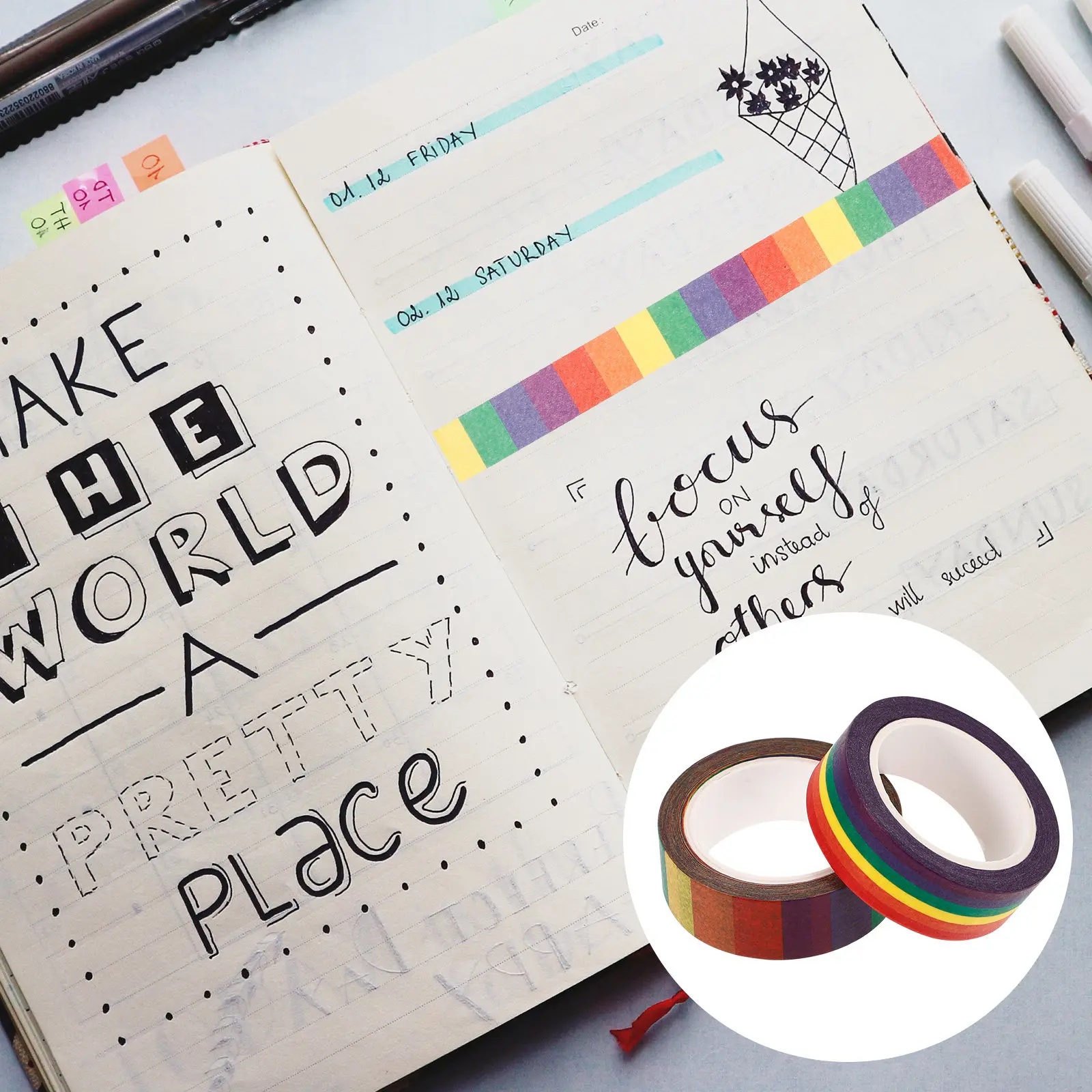 

2 Rolls Colorful Washi Tape Multi-Purpose Stationery for Notebook DIY Planner Decoration Craft Tape Aesthetic Journaling