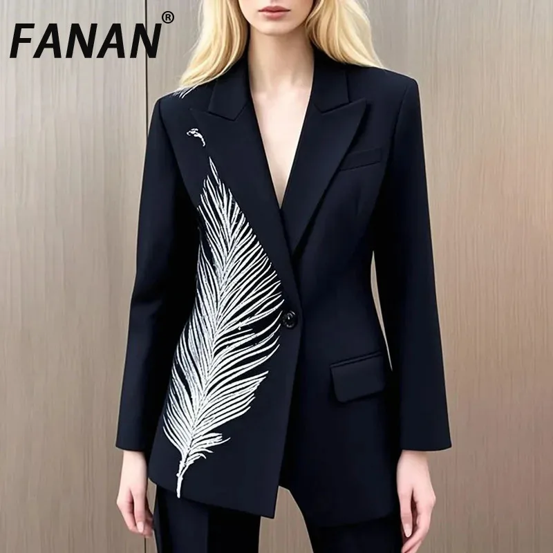 سترة أنيقة من FANAN بألوان مرقعة من الريش للنساء بأكمام طويلة وجيوب مقسمة معاطف أنيقة على الموضة النسائية