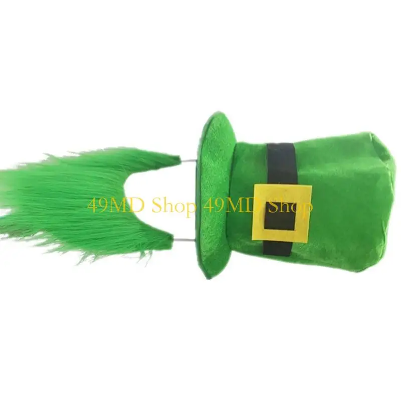 

49MD Green Tall Hat for Saint Patrick Day with Beard Festival Decor Irish National Day Flat Top Hat Party Costume Accessories