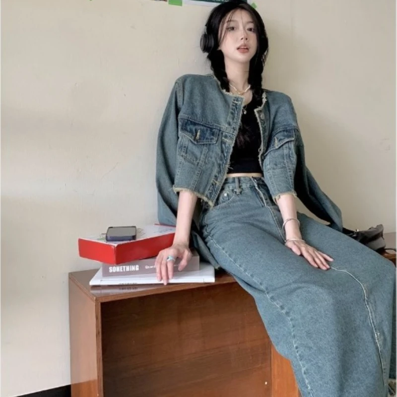 

Sanmuzi Fast Fashion Women's Dress Make Old Wash Wool Edge Round Neck Short Denim Coat and High Waist Skirt Suit Matching Sets
