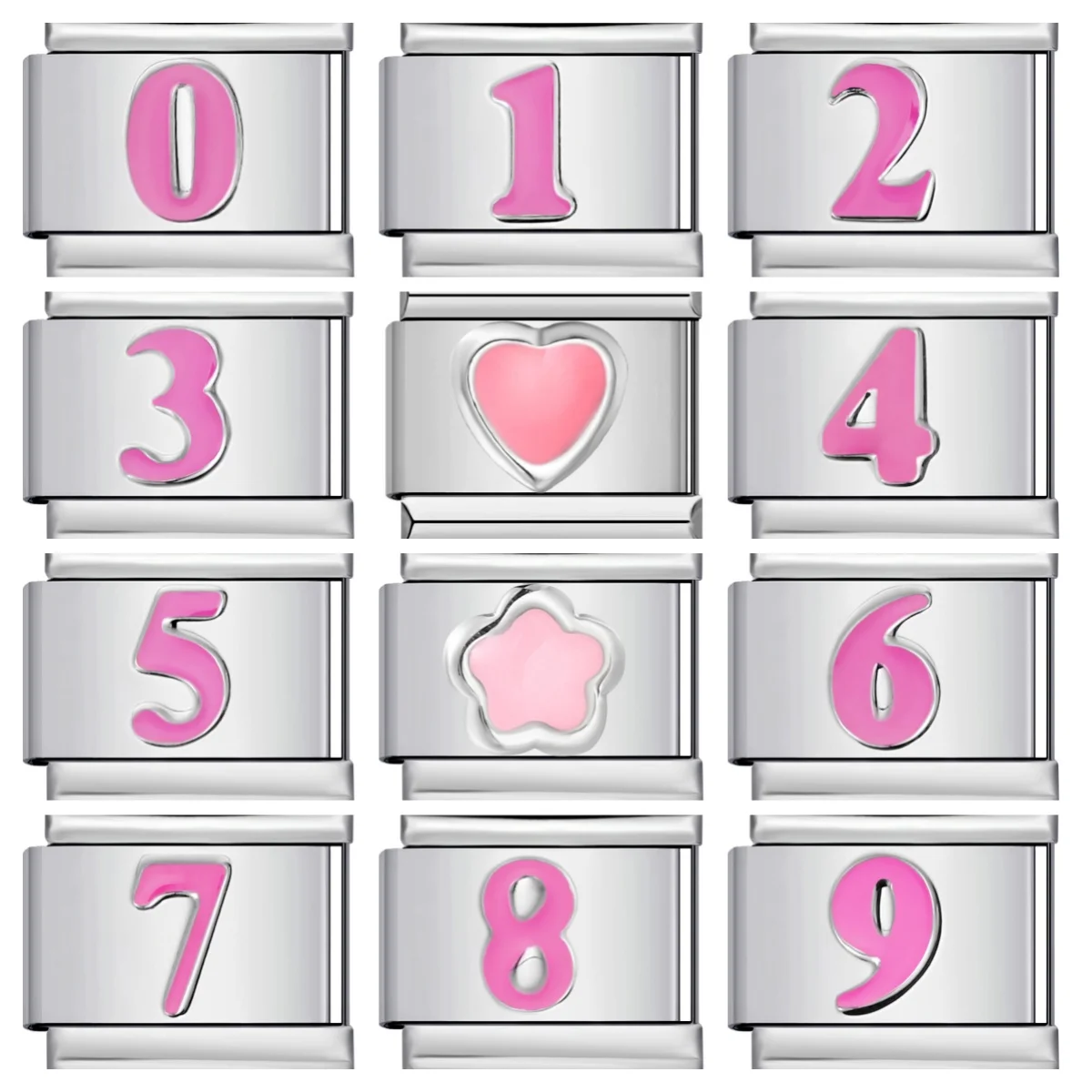 Fashion Pink Glaze Heart Simple Number 0/1/2/3/4/5/6/7/8/9 Italian Link Fit 9mm Stainless Steel Charm Bracelet DIY Making Beads