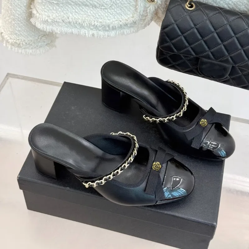 Women's Mary Jane Shoes Luxury Brand Mule Slippers Black White Color Block Bow Chain Decor Block Heel  Closed Toe Slide Sandals