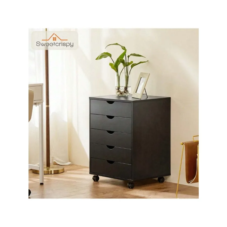 Sweetcrispy 5 Drawer Chest, Wood Storage Dresser File Cabinet Organizer With Wheels Under Desk For Bedroom Home Office