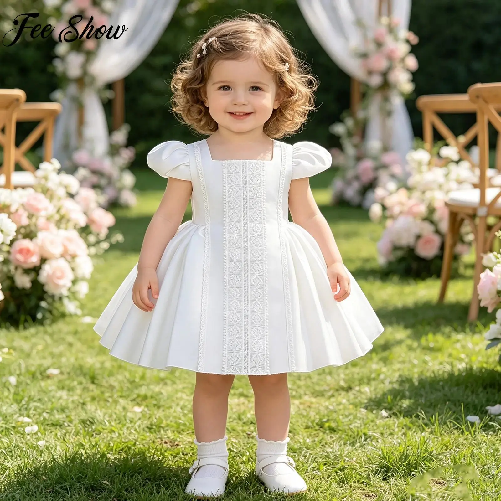 Baby Girls Flower Girl Embroidered Princess Dress Puff Sleeves Bow Back Zipper Dress Party Gown for Birthday Baptism Wedding