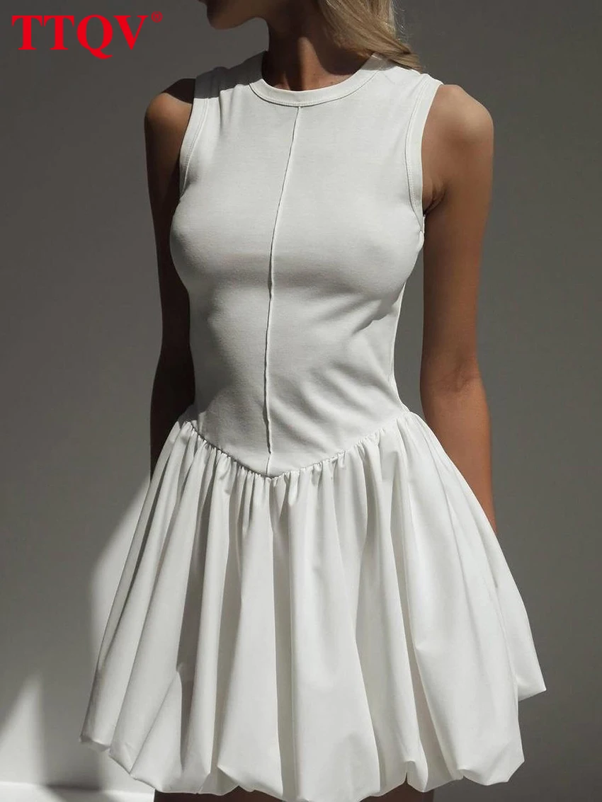 

TTQV Summer Slim White Women's Dress Fashion O-Neck Sleeveless Mini Dresses Elegant Classic Pleated Female Dress Streetwear