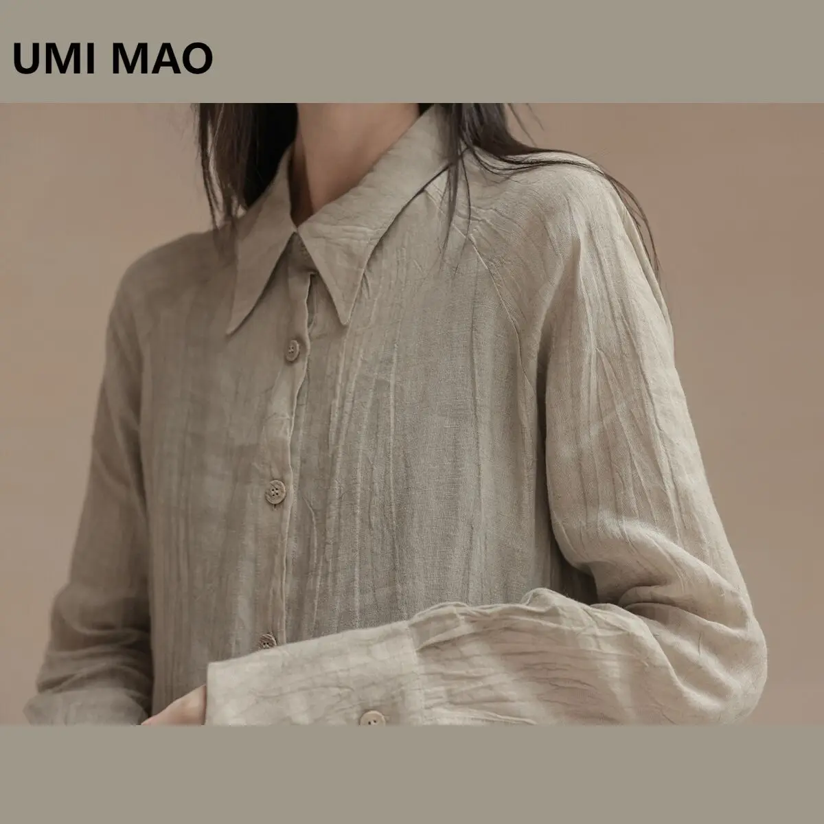 

UMI MAO Harajuku Women's Homemade Pure Linen Simple Versatile Artistic Pleated Long Button Up Shirt Women Femme Y2K