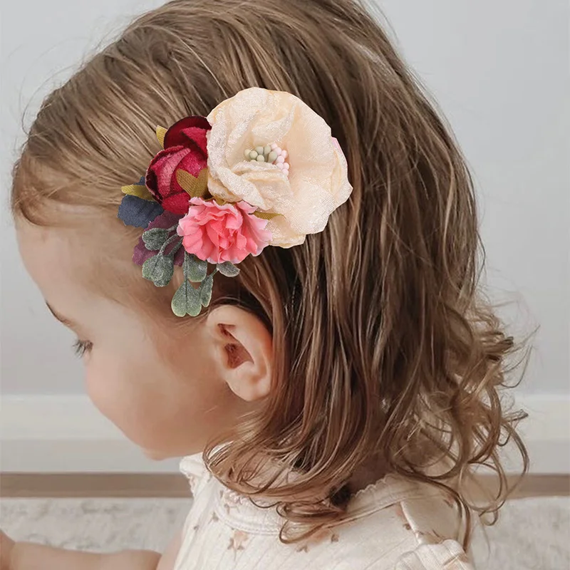 Oaoleer Sweet Girls Artificial Flower Hair Clips Cute Mesh Rose Hairpin with Pearl Barrette Hairgrips Kids Hair Accessories Gift