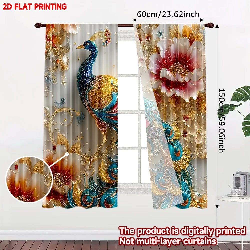 2pcs Peacock Floral Curtains , Blue Gold Feathers with Red White Blossoms on Sheer Background for Luxurious Living Room Decor