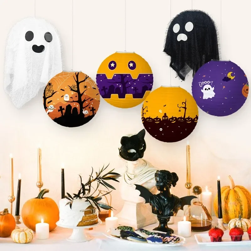 2pcs/lot Halloween Decorations Paper Lanterns Birthday Party Spider Lantern Skeleton Ghost Pumpkin Lantern Decoration Supplies