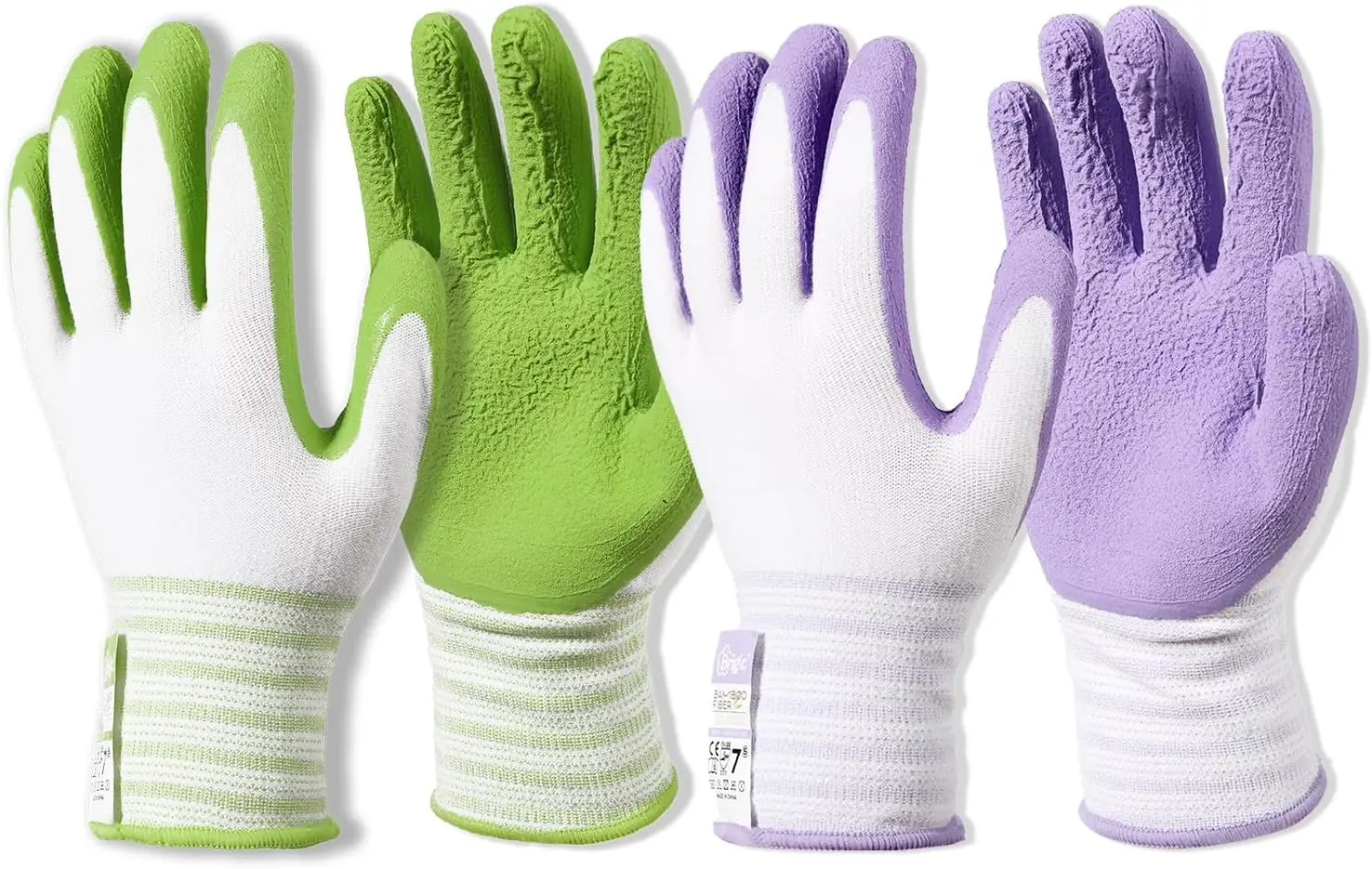 

Bamboo Fiber Gardening Gloves, Touchscreen, Breathable, Rubber Coated, Green & Purple, S-XL