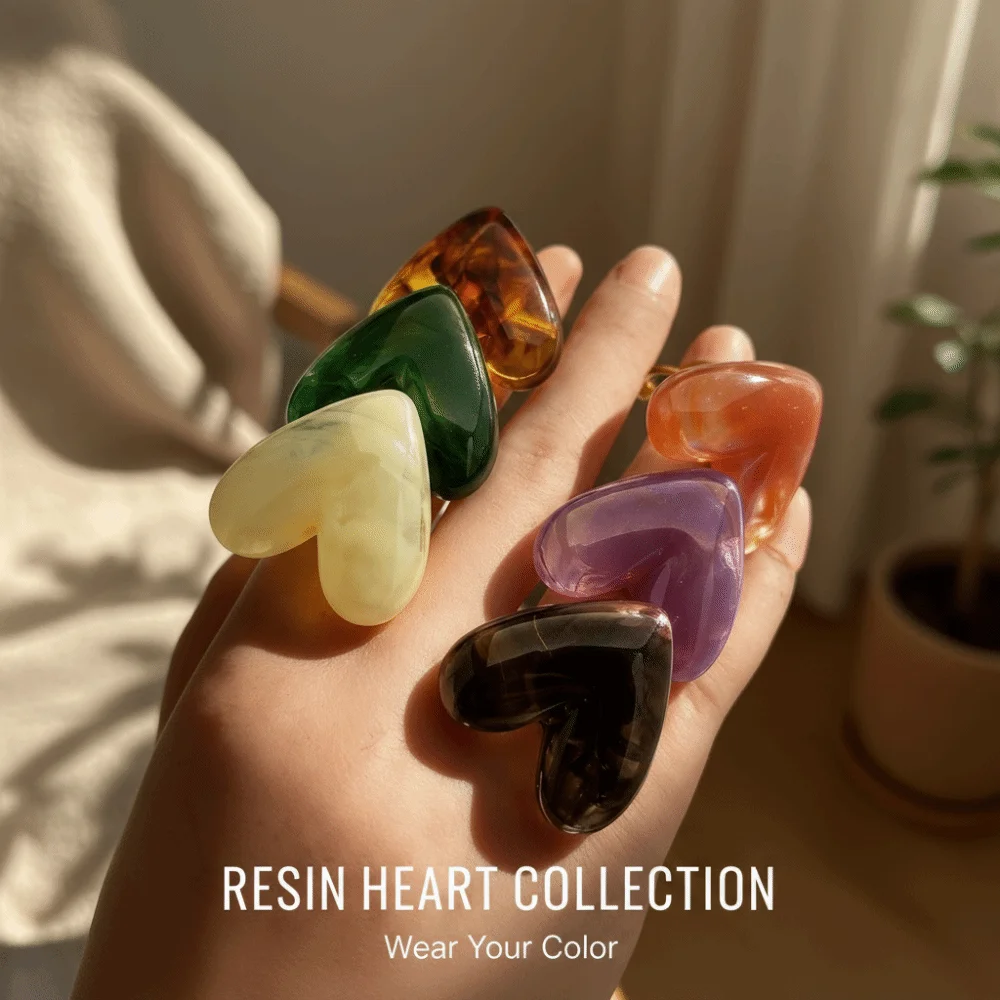 Fashion Niche Design heart Resin Ring Personality Simple Open Mouth Ring Translucent Unisex Adjustable Ring Men/Women