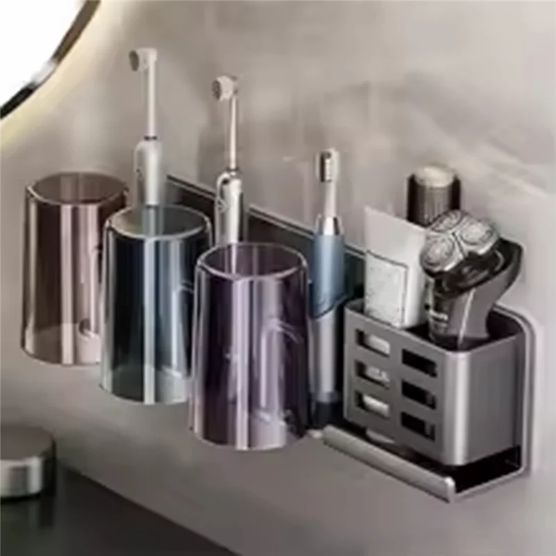 ABJN-Wall Mounted Toothbrush Holder Multi-Function Bathroom Organizer No Drill Installation Toothbrush Cup Storage