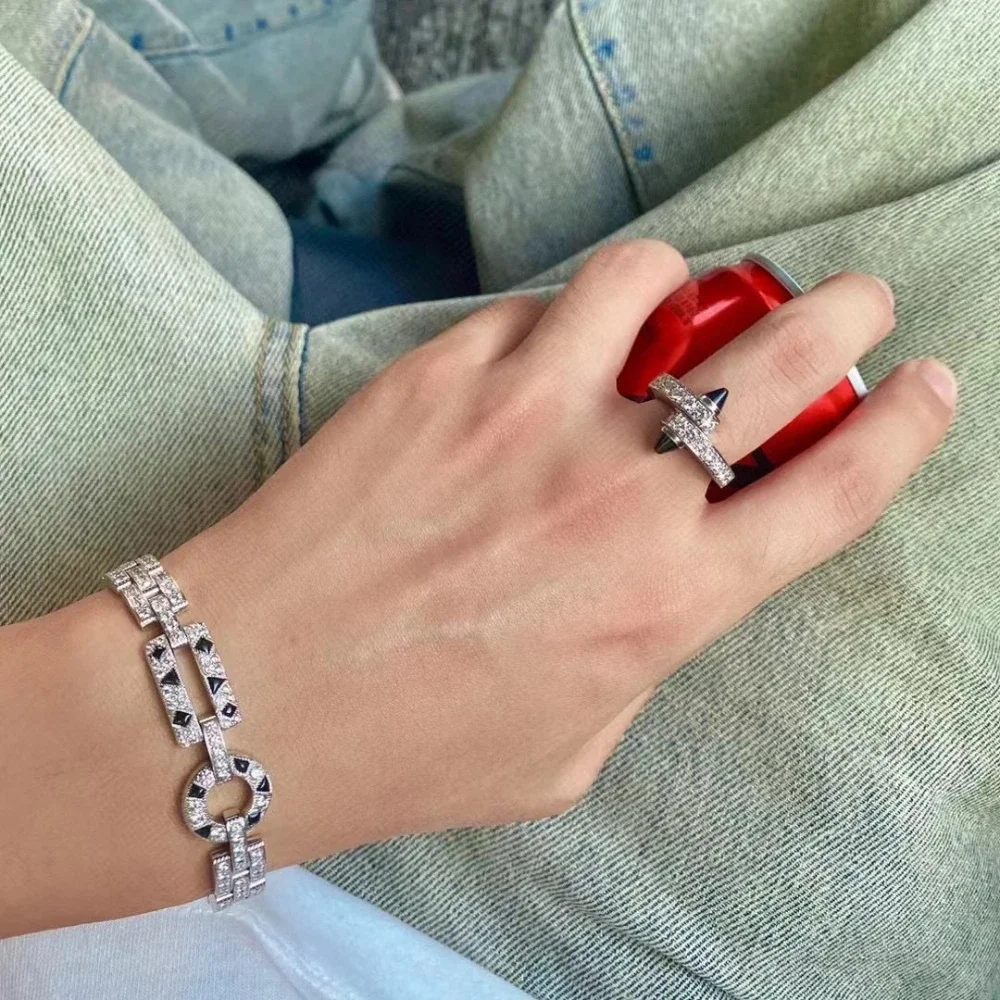 Gazing JewelryPure SilverS925 Personality Black Rivet Twin Bullet Double Row Drill Dislocation Cross Couple Ring High-end Jewelr