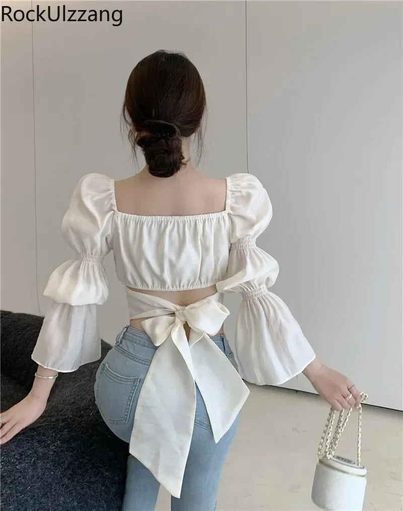 Black White Pink Solid Crop Top Hollow Back Lace-Up Bow Flare Puff Long Sleeve Square Neck Shirt Women Blouse Sexy Elegant Blusa