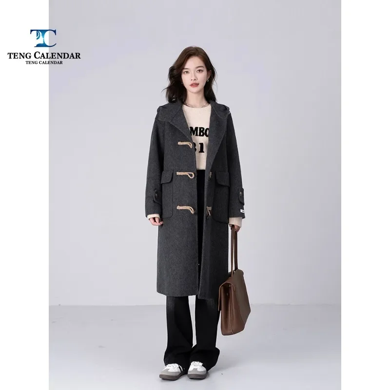 Women's Hooded Wool Coat, High-end Corner Button Korean Style Double-sided Wool Coat, Autumn and Winter New Style