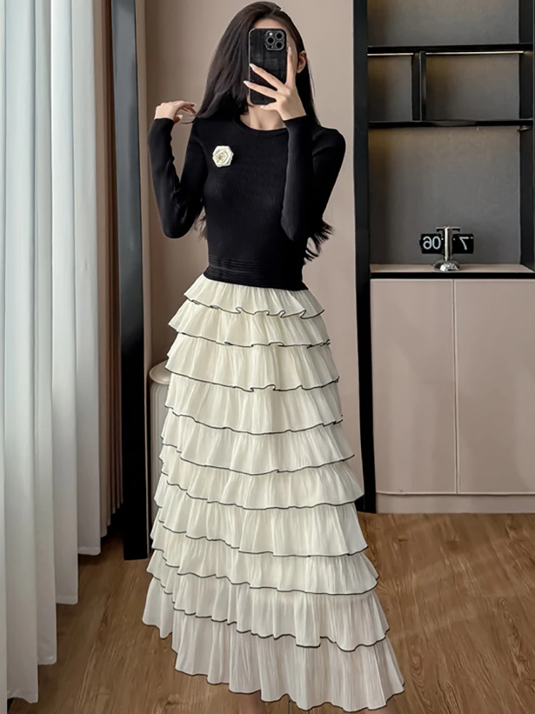 Feminino coreano vintage luxo vestido longo outono inverno preto malha retalhos branco em camadas vestido 2025 elegante bodycon vestido de baile